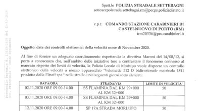 POLIZIA LOCALE – Date dei controlli elettronici della velocita’ – Novembre 2020