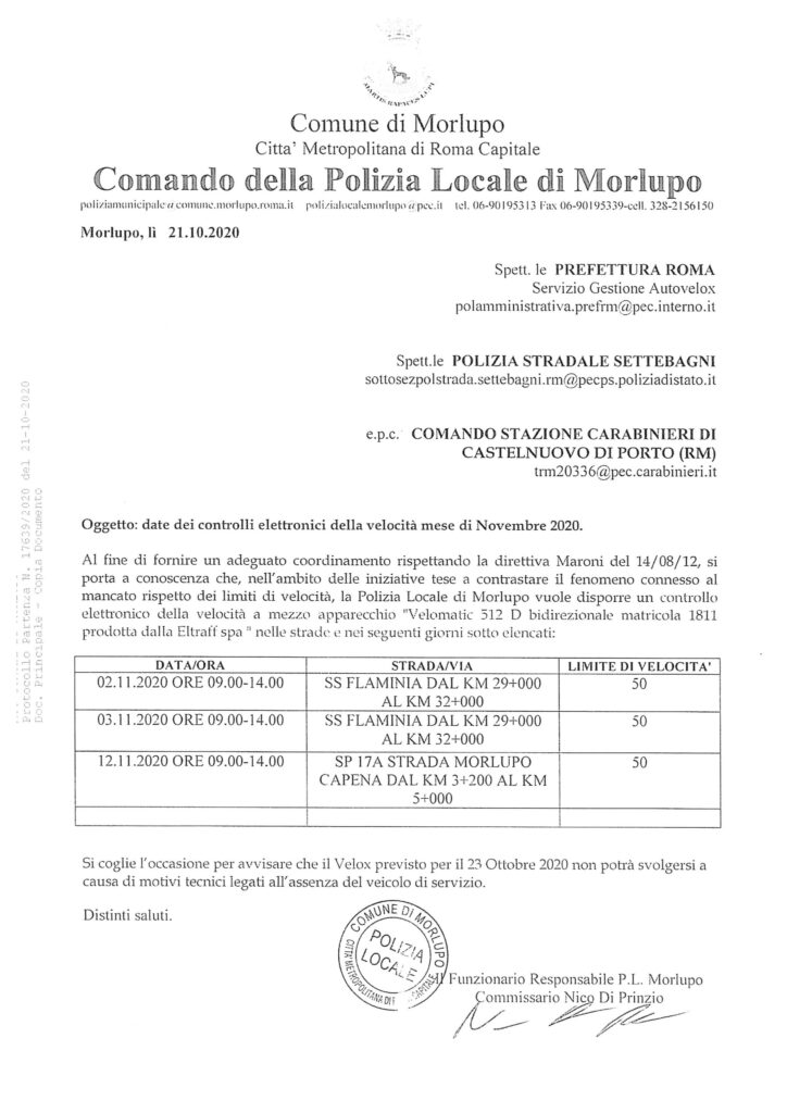 POLIZIA LOCALE – Date dei controlli elettronici della velocita’ – Novembre 2020