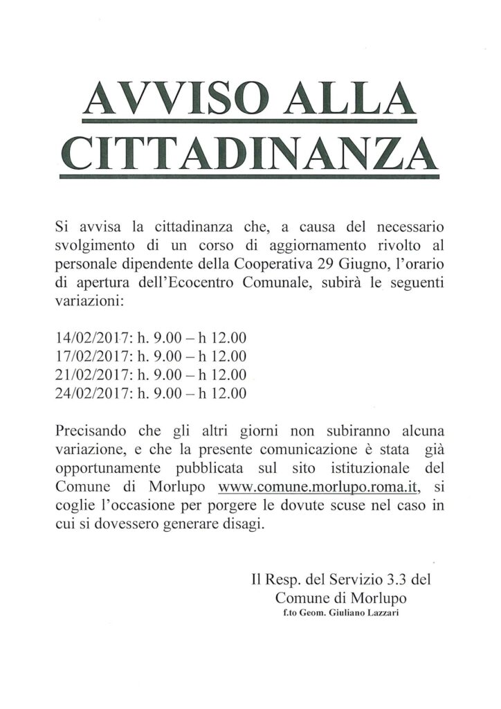 AVVISO ALLA CITTADINZA
