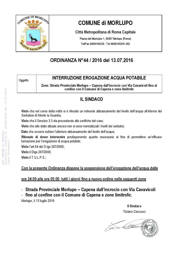 INTERRUZIONE EROGAZIONE ACQUA POTABILE