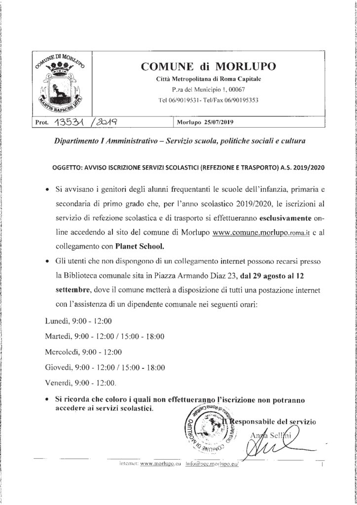 AVVISO – Iscrizione ai servizi scolastici comunali