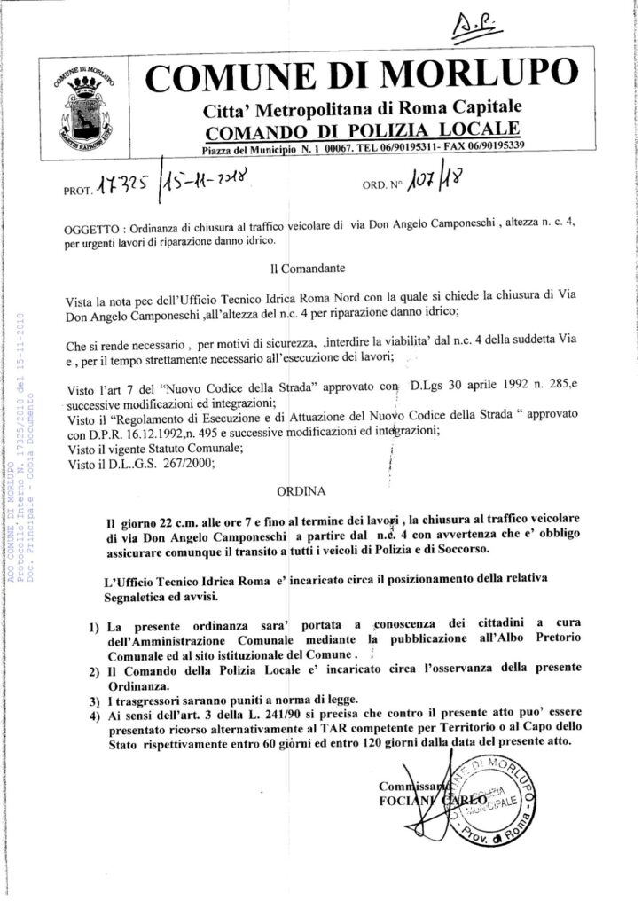 AVVISO ALLA CITTADINANZA – Ordinanza chiusura traffico