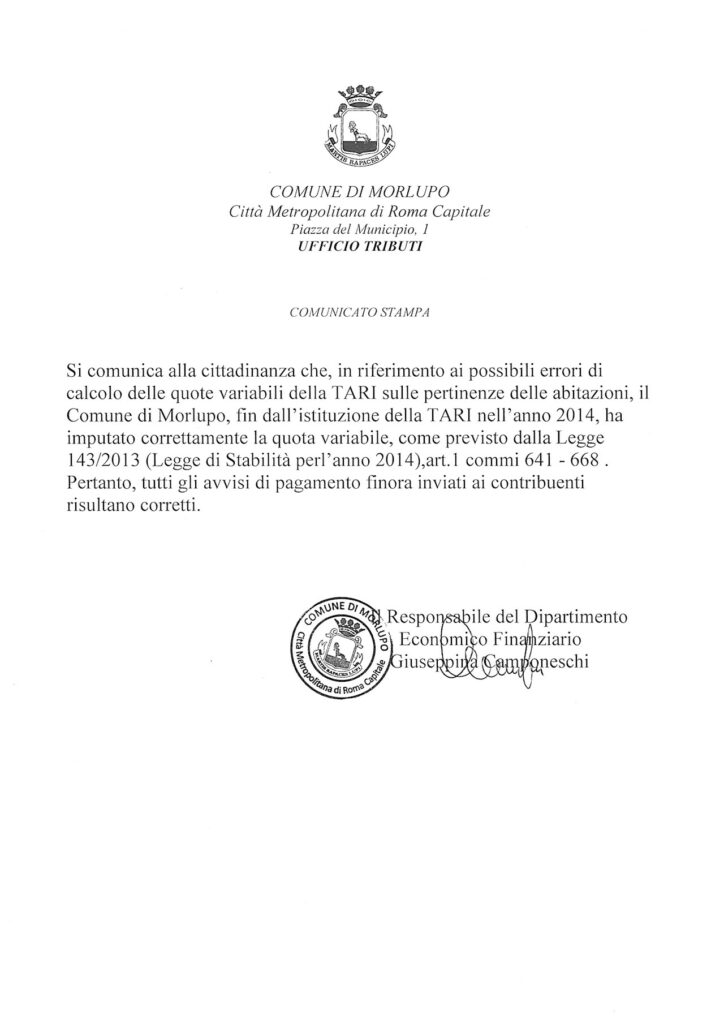 COMUNICATO STAMPA – Precisazione TARI