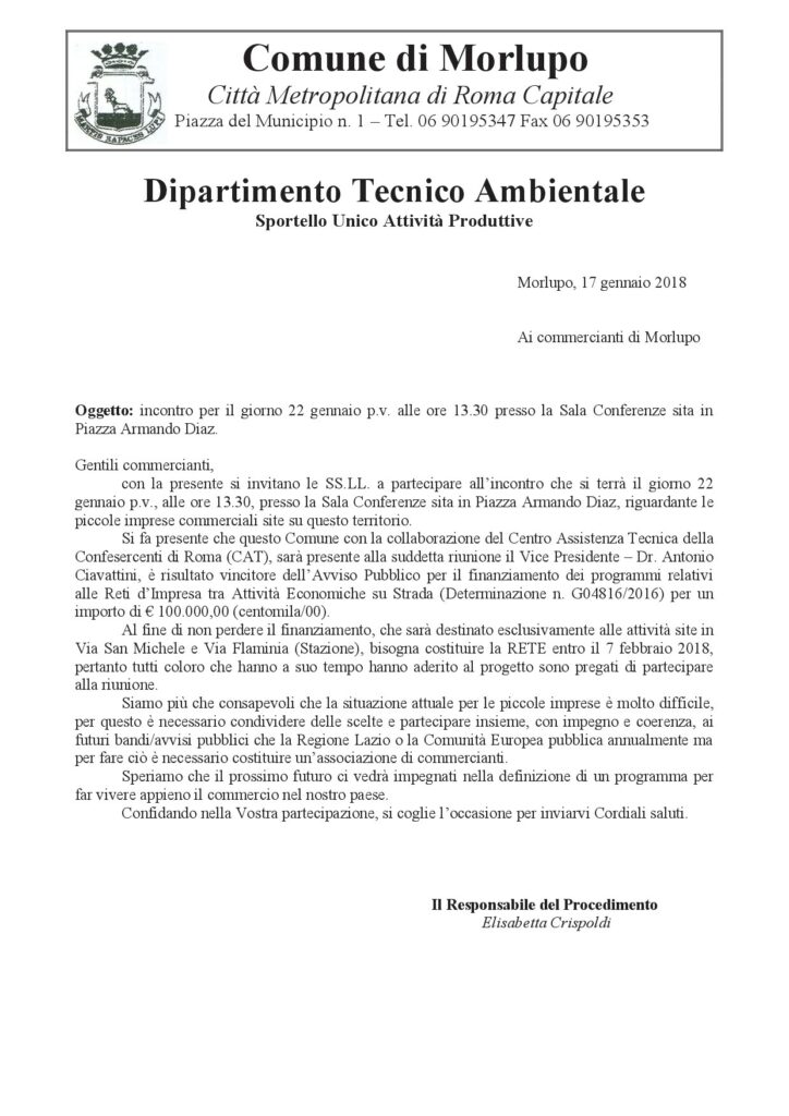 22 Gennaio 2018 – Incontro con le piccole imprese commerciali del Comune di Morlupo