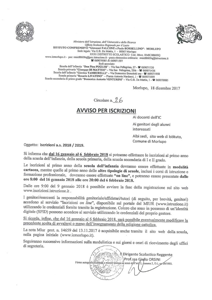 AVVISO PER ISCRIZIONI A.S. 2018/2019