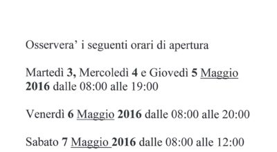 Orario ufficio Elettorale dal 3 Maggio al 7 Maggio