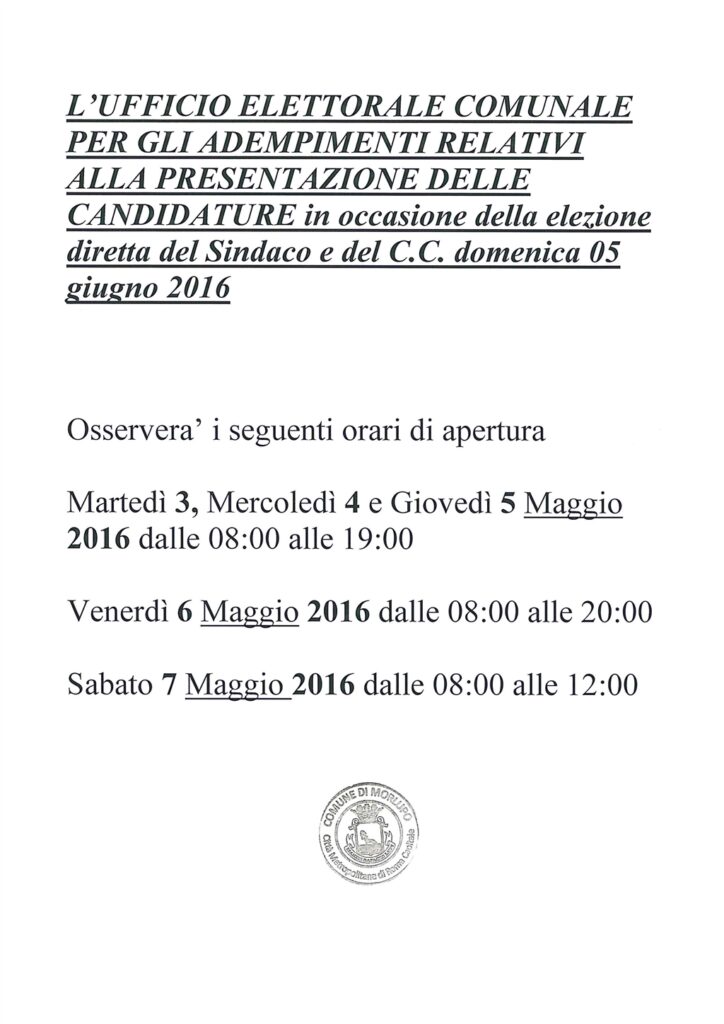 Orario ufficio Elettorale dal 3 Maggio al 7 Maggio