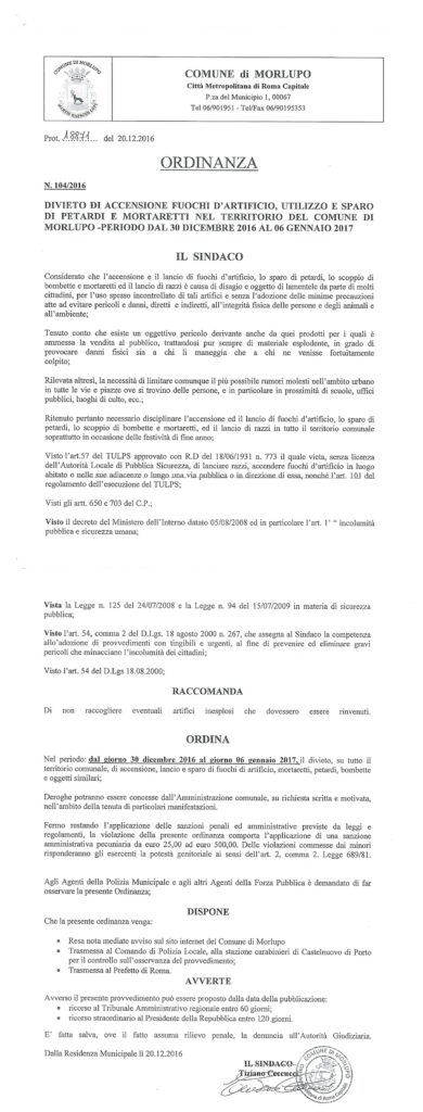 AVVISO ALLA CITTADINANZA: Divieto di accensione fuochi d’artificio