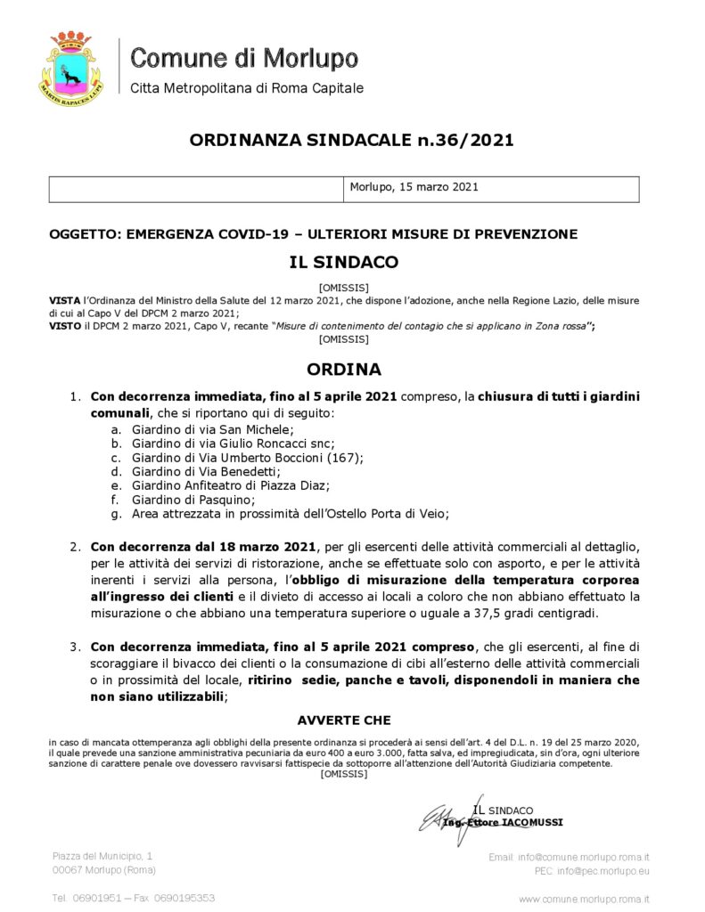 EMERGENZA COVID-19 – Ulteriori misure di prevenzione [Ordinanza Sindacale n. 36/2021]