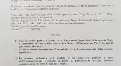 AVVISO ALLA CITTADINANZA – Istituzione senso unico alternato in viale G. Almirante per frana