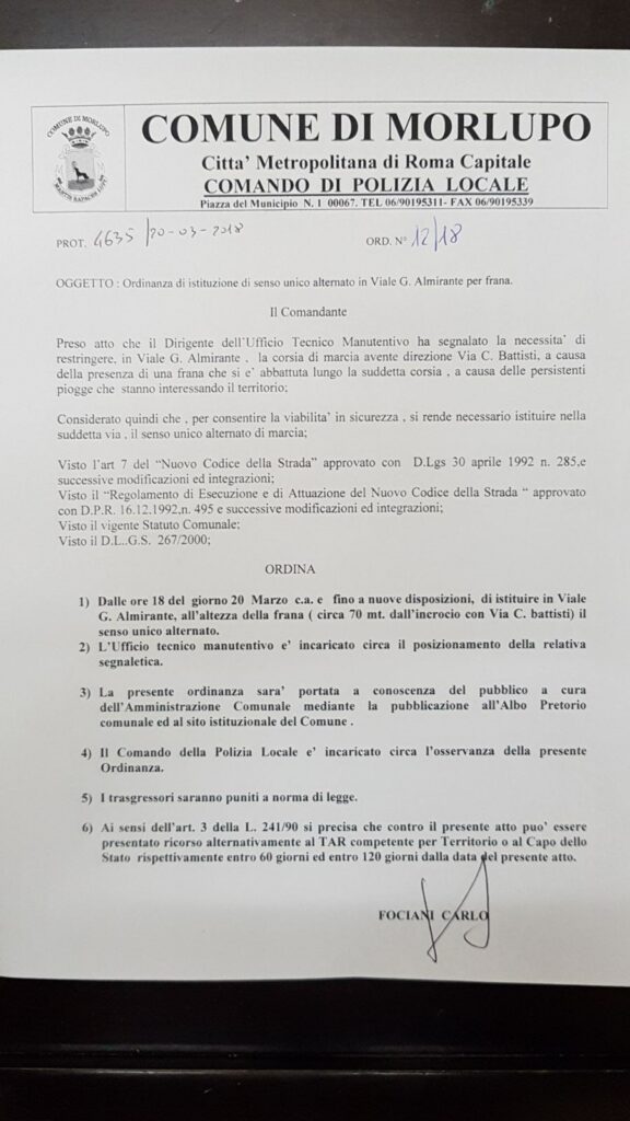 AVVISO ALLA CITTADINANZA – Istituzione senso unico alternato in viale G. Almirante per frana