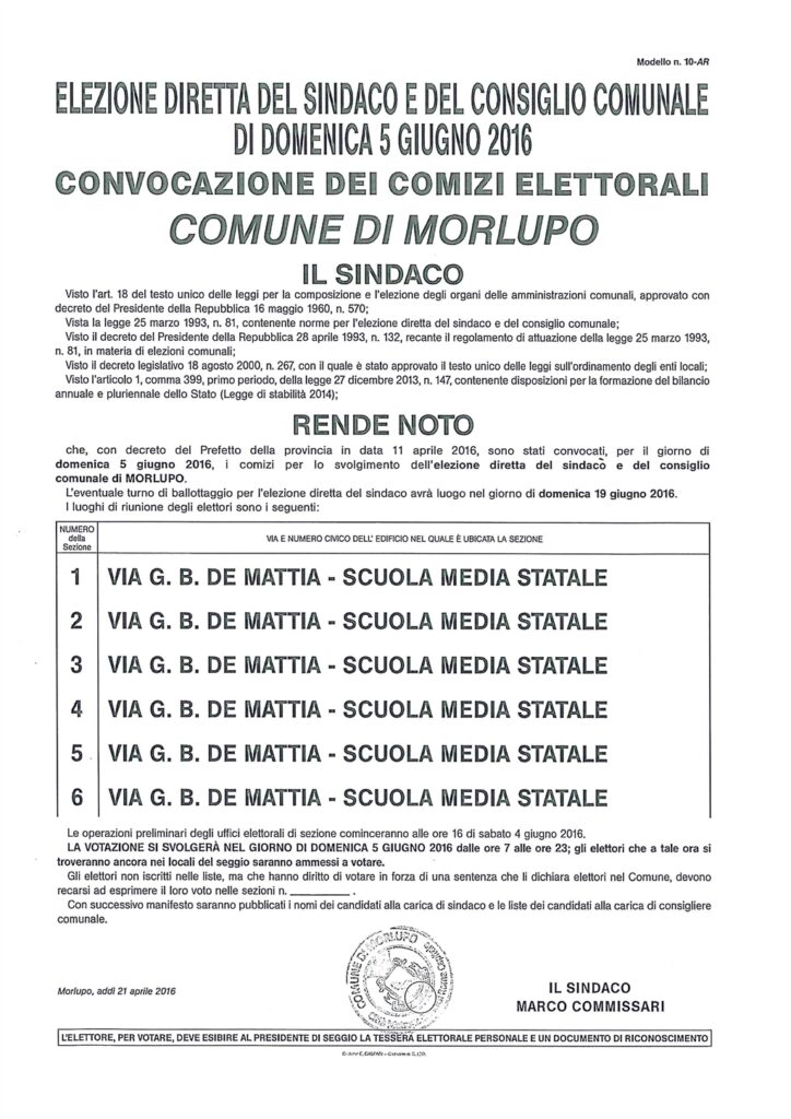 ELEZIONE DIRETTA DEL SINDACO E DEL CONSIGLIO COMUNALE DI DOMENICA 5 GIUGNO 2016