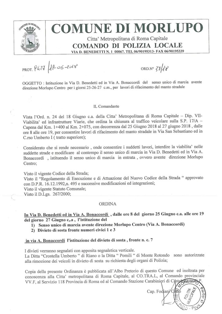 VARIAZIONE ORDINANZA N° 37/18