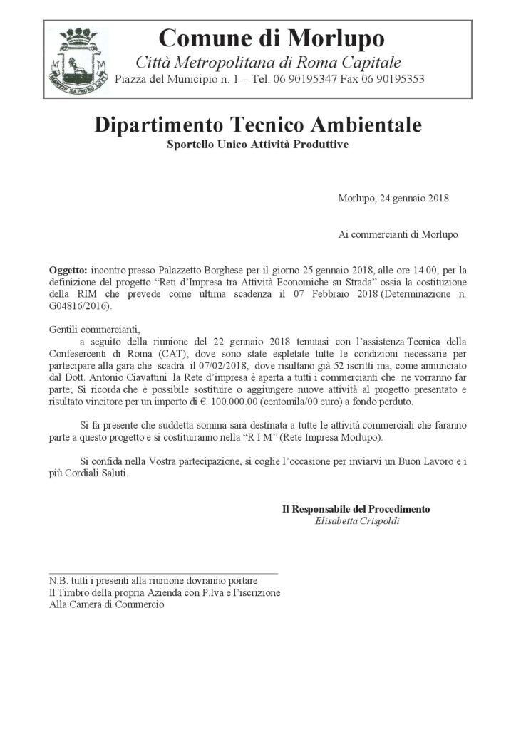 25 Gennaio 2018 – Incontro con i commercianti per la definizione del “Progetto RIM”