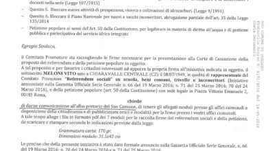 Campagna di raccolta firme “Referendum sociali” su scuola, beni comuni, trivelle e inceneritori, per sei quesiti referendari e una petizione popolare.