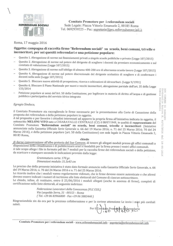Campagna di raccolta firme “Referendum sociali” su scuola, beni comuni, trivelle e inceneritori, per sei quesiti referendari e una petizione popolare.