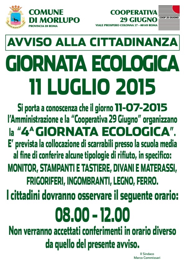 GIORNATA ECOLOGICA – 11 LUGLIO 2015 Pubblicata il 01/07/2015