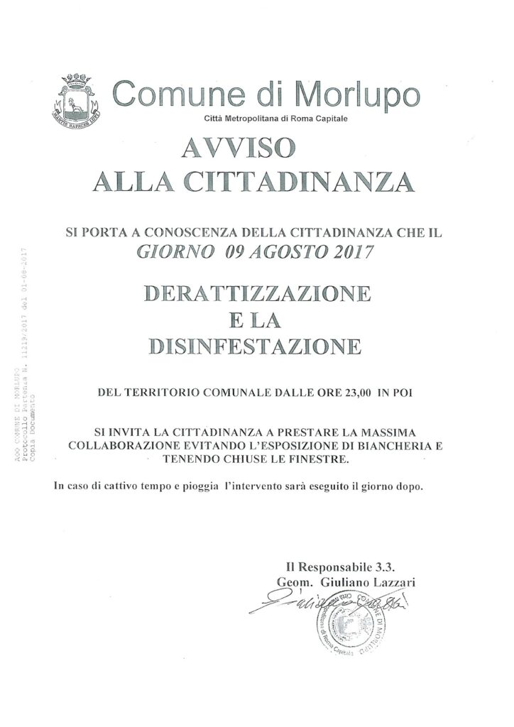 AVVISO ALLA CITTADINANZA: Derattizzazione e Disinfestazione