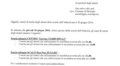 Orario di uscita degli alunni delle scuole dell?infanzia per il 30 giugno 2016.