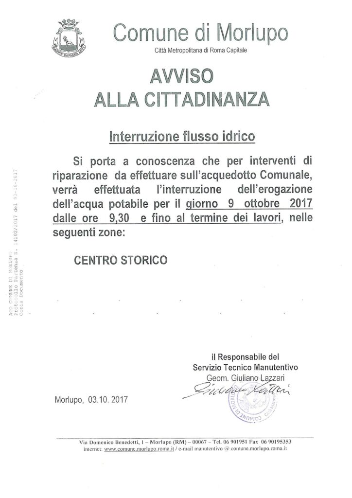 INTERRUZIONE FLUSSO IDRICO