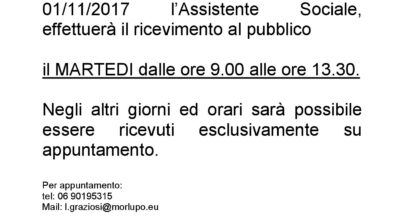 AVVISO – Nuovo orario per l’Assistente Sociale