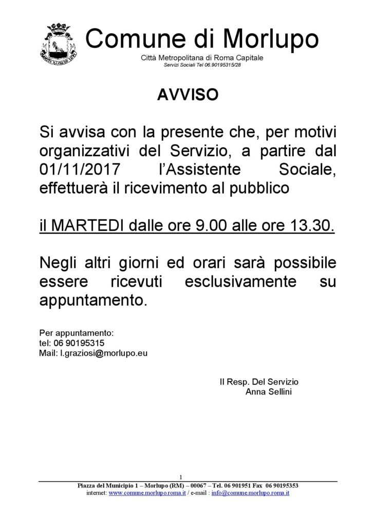 AVVISO – Nuovo orario per l’Assistente Sociale