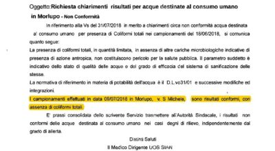 Chiarimenti sui risultati delle analisi delle acque destinate al consumo umano