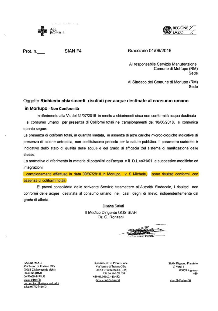 Chiarimenti sui risultati delle analisi delle acque destinate al consumo umano