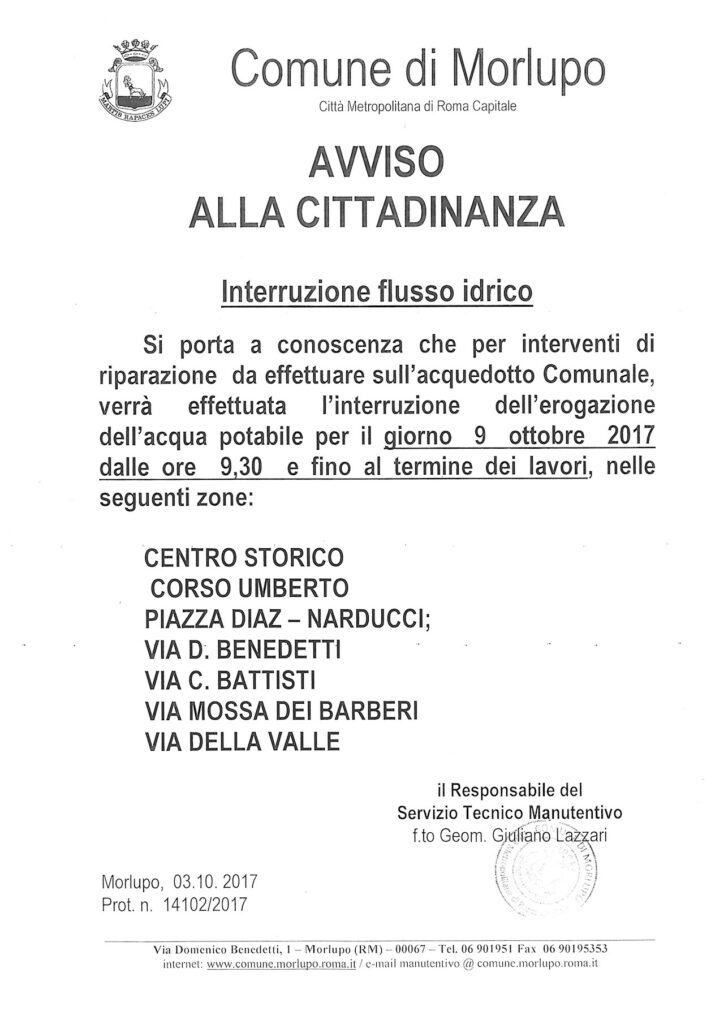 INTERRUZIONE FLUSSO IDRICO: Aggiornamento