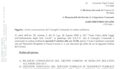 CONVOCAZIONE DEL CONSIGLIO COMUNALE 9 OTTOBRE 2018 ORE 21:00