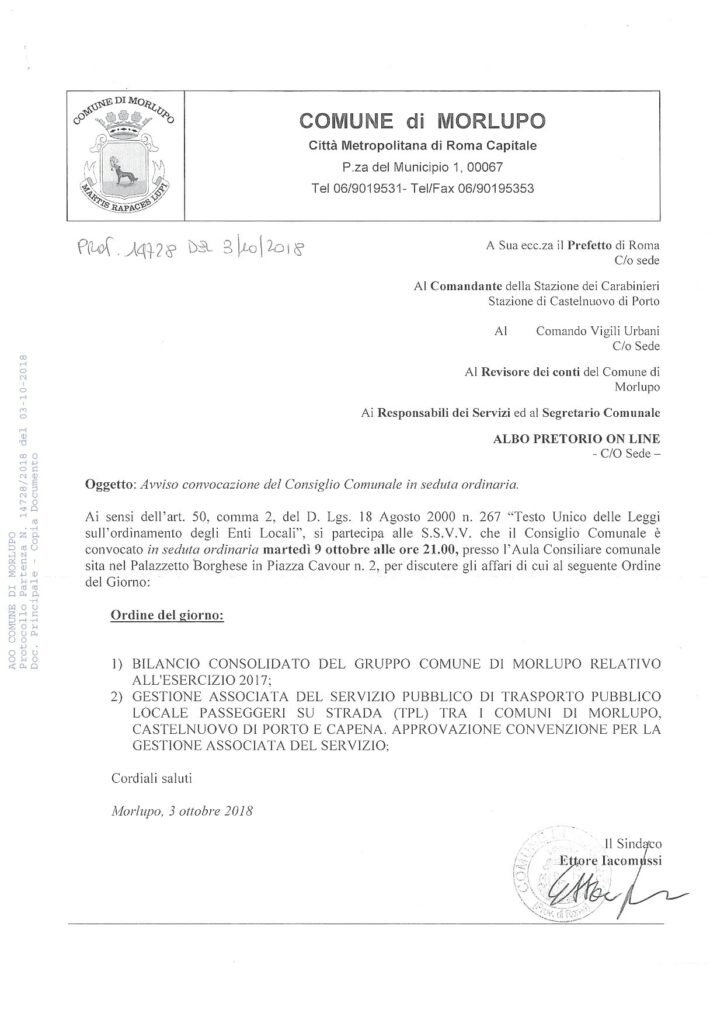CONVOCAZIONE DEL CONSIGLIO COMUNALE 9 OTTOBRE 2018 ORE 21:00
