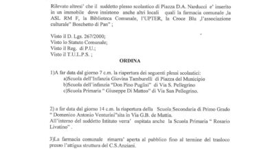 Ordinanza sindacale di riapertura delle scuole