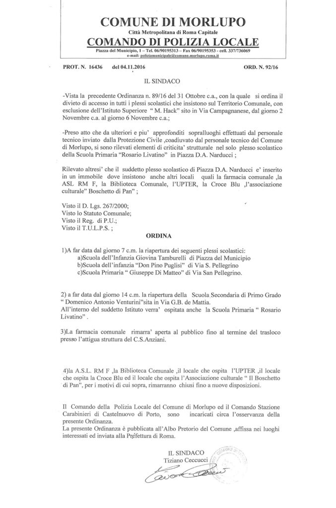 Ordinanza sindacale di riapertura delle scuole