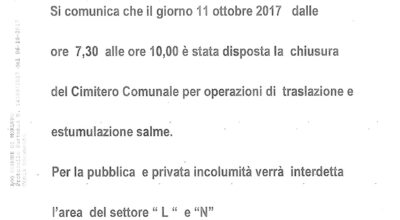 AVVISO ALLA CITTADINANZA: chiusura cimitero comunale