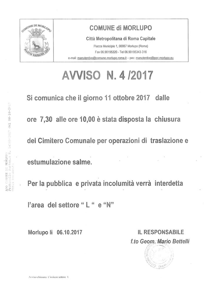 AVVISO ALLA CITTADINANZA: chiusura cimitero comunale