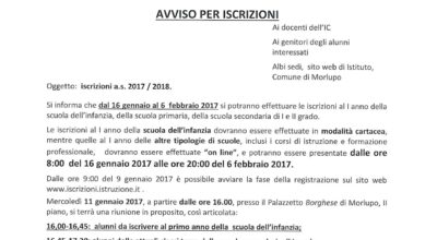 Avviso per le iscrizioni scolastiche 2017/2018