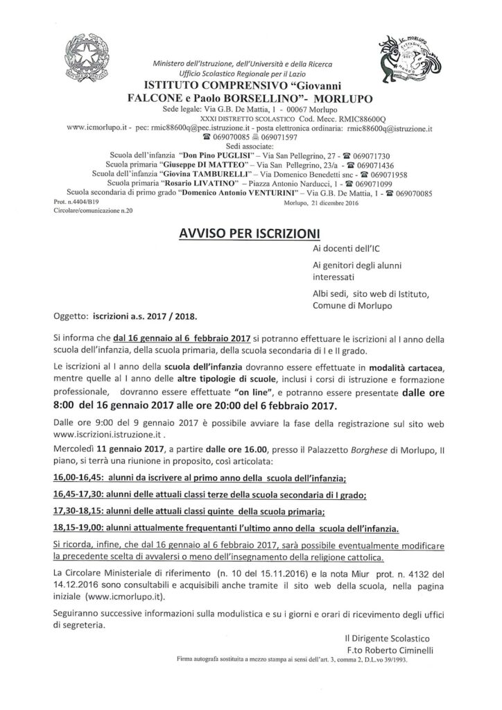 Avviso per le iscrizioni scolastiche 2017/2018