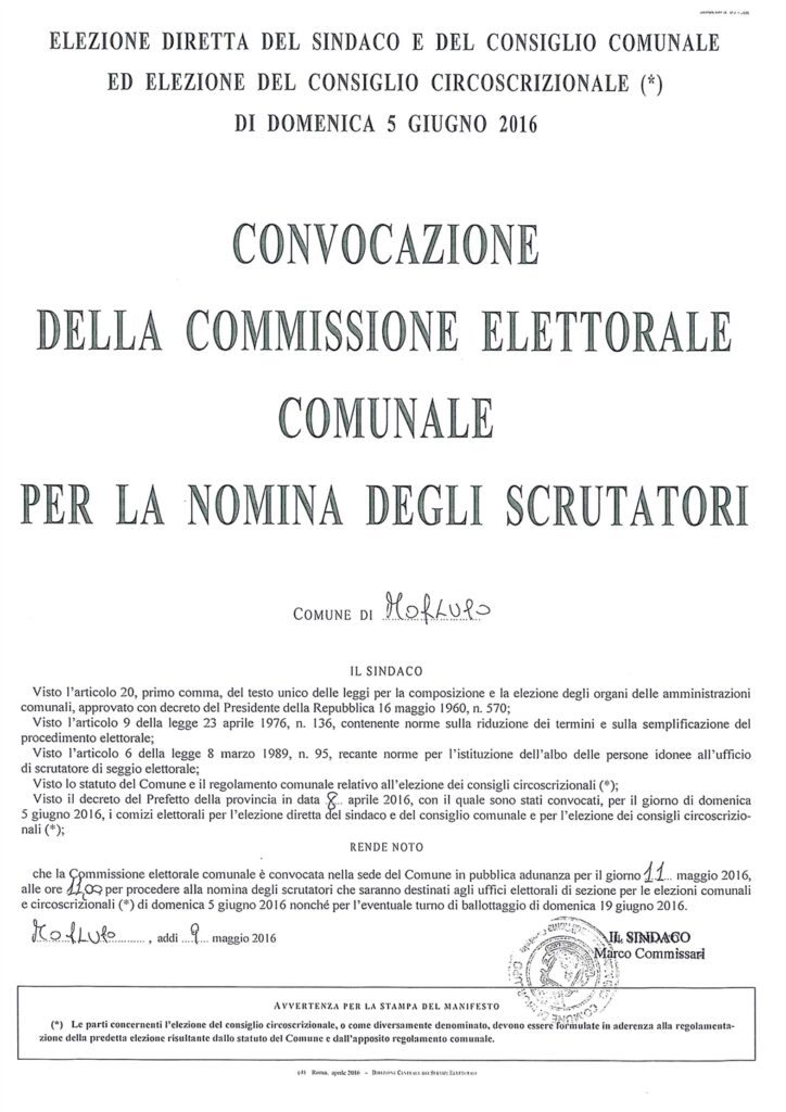 CONVOCAZIONE DELLA COMMISSIONE ELETTORALE COMUNALE PER LA NOMINA DEGLI SCRUTATORI