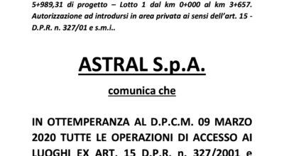AVVISO – AMMODERNAMENTO E POTENZIAMENTO FERROVIA ROMA-VITERBO: RINVIO SOPRALLUOGHI ASTRAL