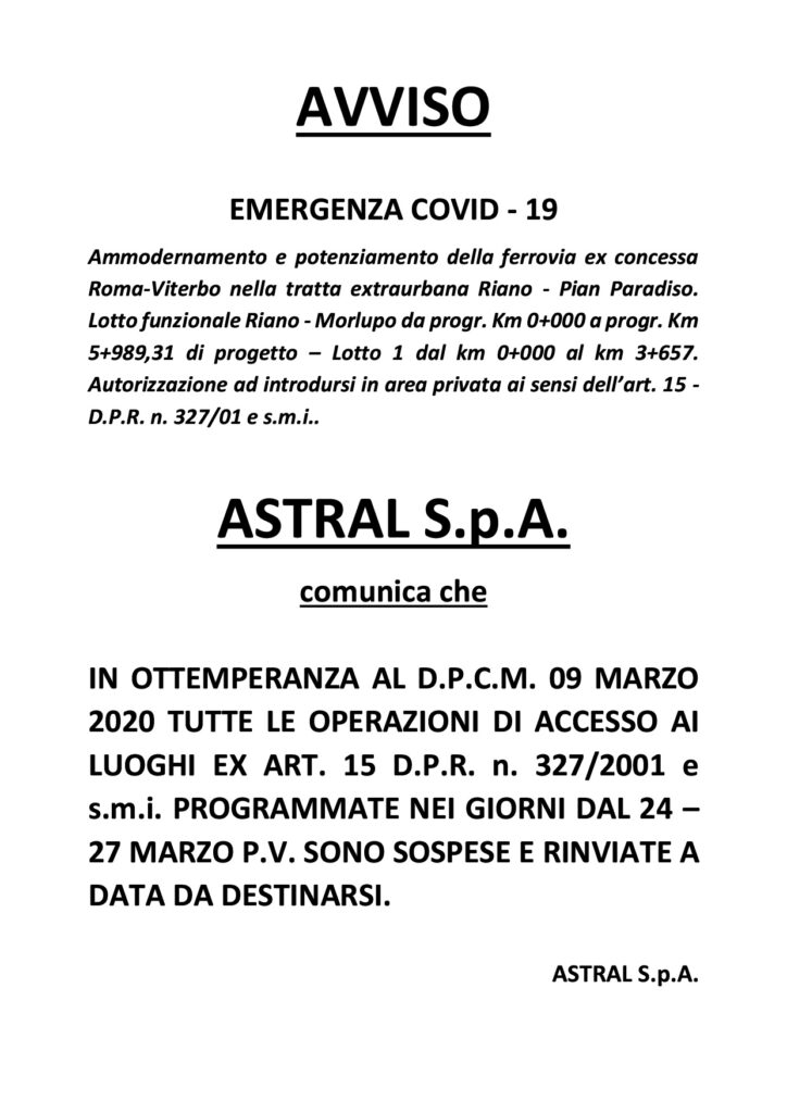 AVVISO – AMMODERNAMENTO E POTENZIAMENTO FERROVIA ROMA-VITERBO: RINVIO SOPRALLUOGHI ASTRAL