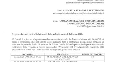 POLIZIA LOCALE – Date dei controlli elettronici della velocità – Febbraio 2020