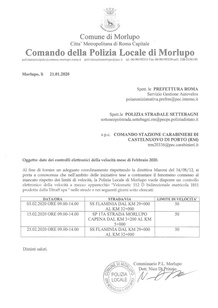 POLIZIA LOCALE – Date dei controlli elettronici della velocità – Febbraio 2020