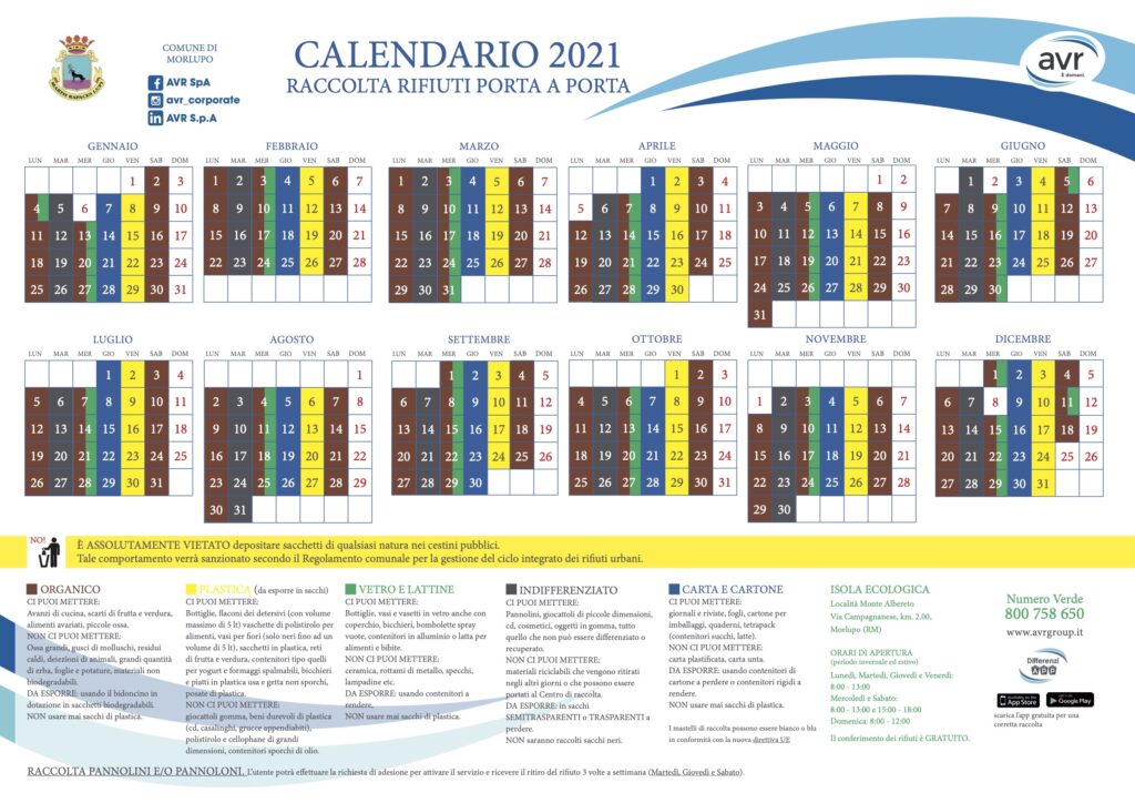 RACCOLTA DIFFERENZIATA – Il calendario 2021