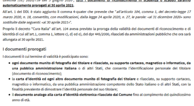 AVVISO – Documenti di riconoscimento in scadenza: proroga omnicomprensiva al 30 Aprile 2021