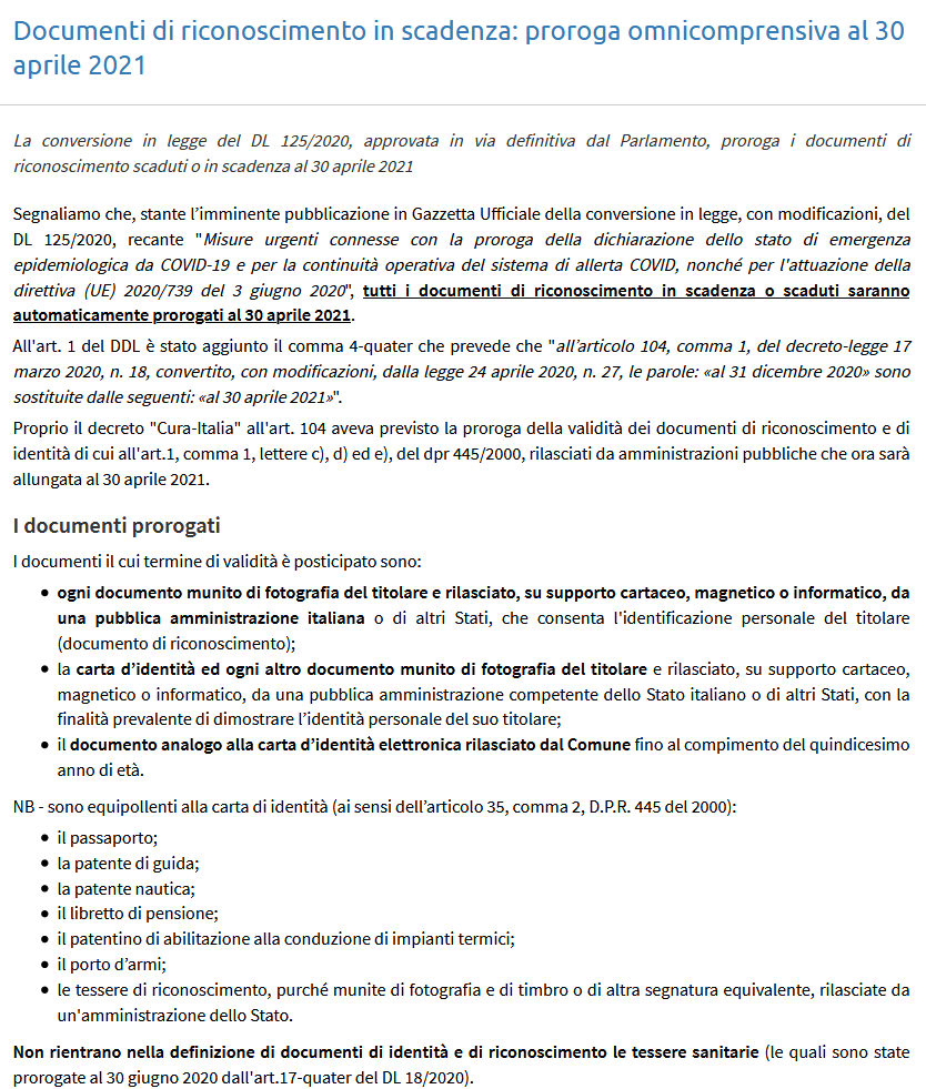 AVVISO – Documenti di riconoscimento in scadenza: proroga omnicomprensiva al 30 Aprile 2021
