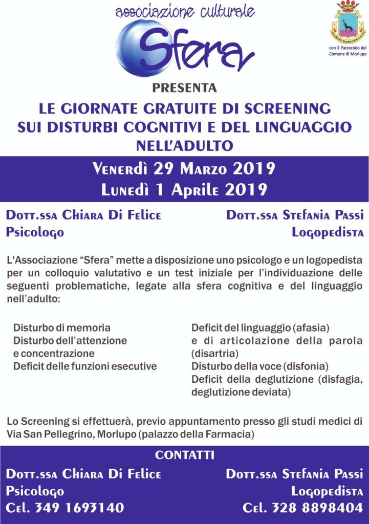 ASSOCIAZIONE CULTURALE SFERA – Giornate gratuite di screening sui disturbi cognitivi e del linguaggio nell’adulto