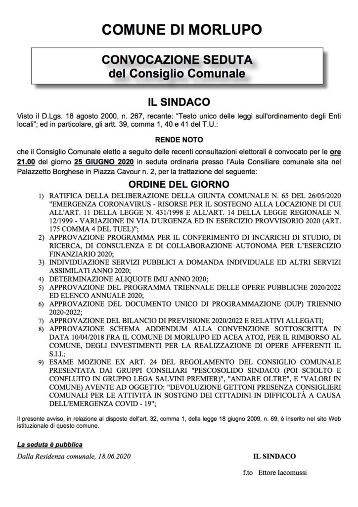 AVVISO ALLA CITTADINANZA – Convocazione Consiglio Comunale [25 Giugno 2020, ore 21]