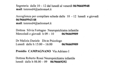 AVVISO – Orari di ricevimento utenti servizio TSMREE Asl Roma 4 Distretto 4 Presidio Fiano Romano