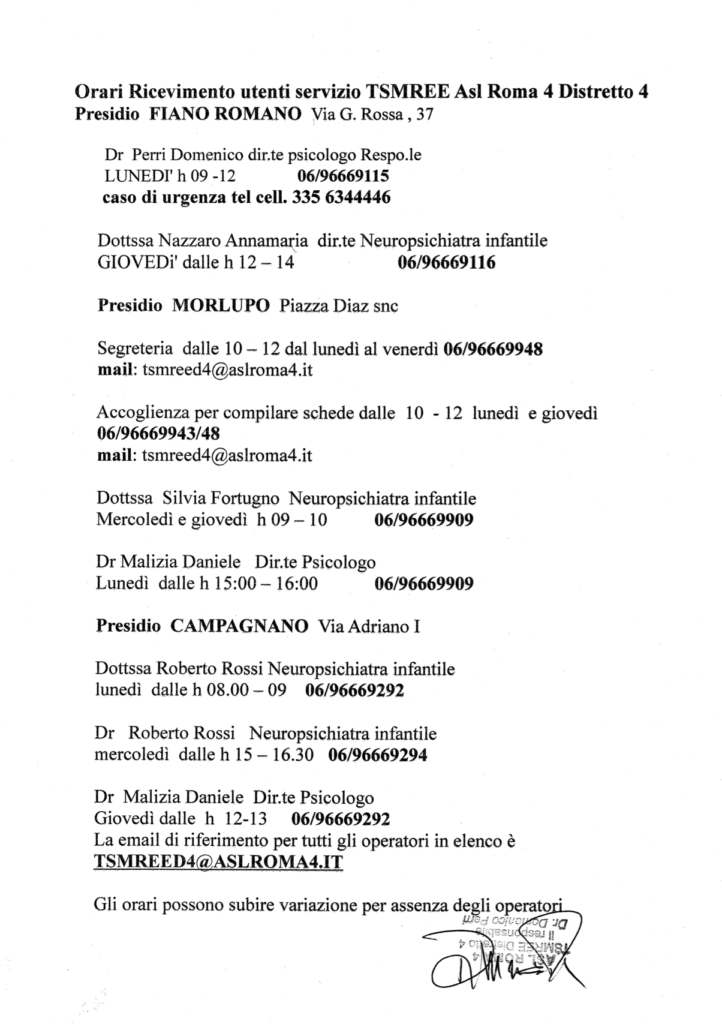 AVVISO – Orari di ricevimento utenti servizio TSMREE Asl Roma 4 Distretto 4 Presidio Fiano Romano