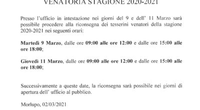 AVVISO RICONSEGNA TESSERINI REGIONALI PER L’ESERCIZIO DELL’ATTIVITA’ VENATORIA STAGIONE 2020-2021